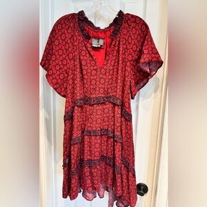 Anthropologie Flutter Sleeve Tiered Red and Black Dress